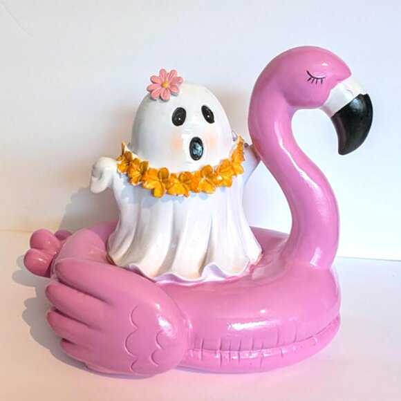 Adorable Girl Ghost in Flamingo Float Tabletop Halloween Decor - Picture 1 of 4